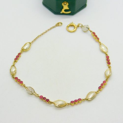 9ct Yellow Gold, Ruby, Blistered Pearl & Moonstone Set Beaded Bracelet Vintage c1970