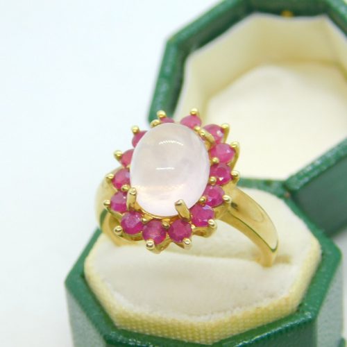 9ct Yellow Gold, Ruby & Cabochon Rose Quartz Cluster Ring Vintage c1990