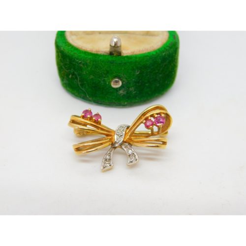 9ct Yellow Gold, Ruby & Diamond Bow Form Brooch Pin Vintage c1980