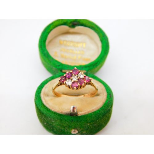 9ct Yellow Gold, Ruby & Diamond Cluster Ring Vintage 1979 London