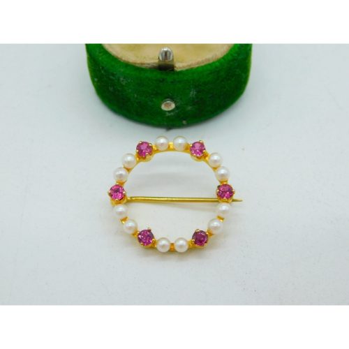 9ct Yellow Gold, Ruby & Pearl Wreath Brooch Vintage 1983 Birmingham
