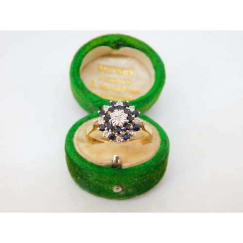 9ct Yellow Gold, Sapphire & Diamond Floral Cluster Ring Vintage 1973 Birmingham