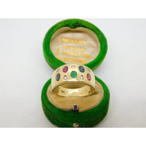 9ct Yellow Gold, Sapphire, Diamond & Ruby Gem Set Dress Ring Vintage c1990