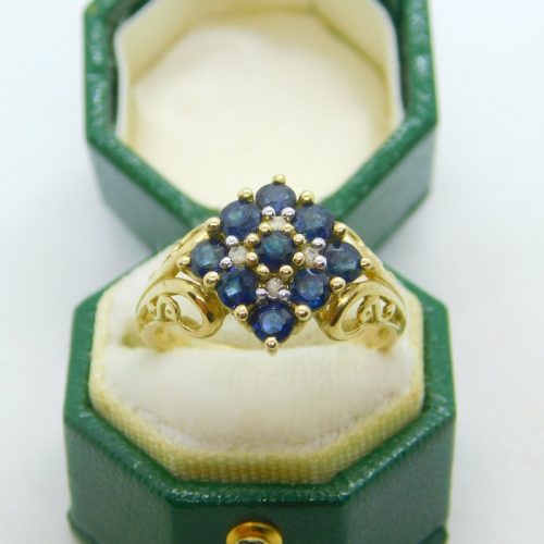 9ct Yellow Gold, Sapphire & Diamond Set Cluster Ring Vintage 2000 Birmingham