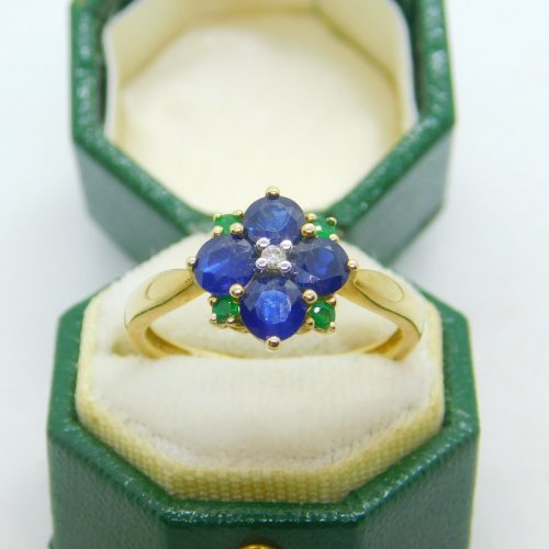 9ct Yellow Gold, Sapphire, Emerald & Diamond Floral Cluster Ring Vintage c1990