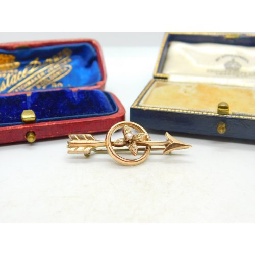 Arrow and Seed Pearl Flower 14ct Gold Brooch Pin Antique Victorian c1890