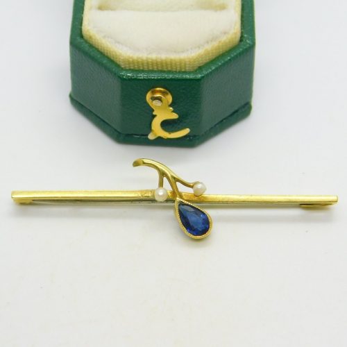Edwardian 15ct Yellow Gold, Sapphire & Seed Pearl Sweetheart Brooch Antique c1910