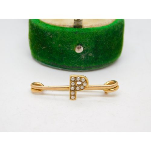 Edwardian 15ct Yellow Gold & Seed Pearl ‘P’ Initial Brooch Antique c1910