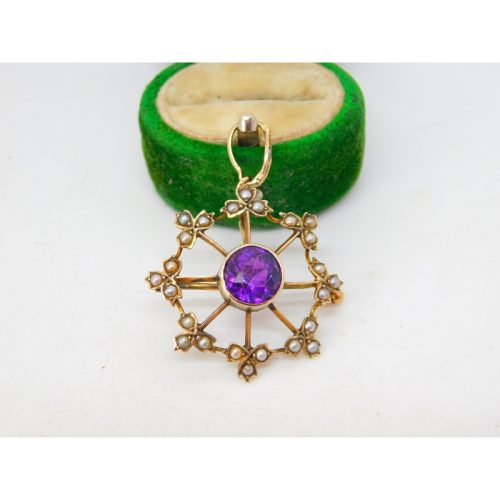 Edwardian 9ct Gold, Amethyst & Seed Pearl Floral Drop Pendant Antique c1910