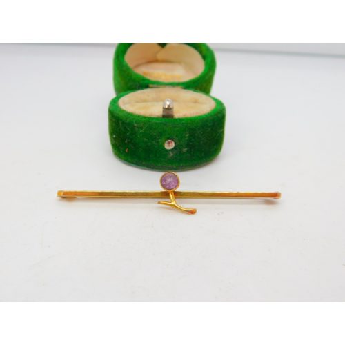 Edwardian 9ct Yellow Gold & Amethyst Floral Bar Brooch Antique c1910