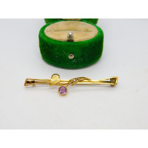Edwardian 9ct Yellow Gold, Amethyst & Seed Pearl Floral Bar Brooch Antique