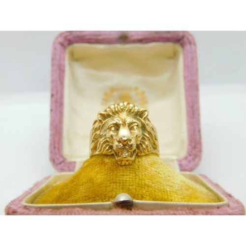 Lion Or Leo Big Cat 14ct Yellow Gold Statement Ring Vintage c1950 Size V UK