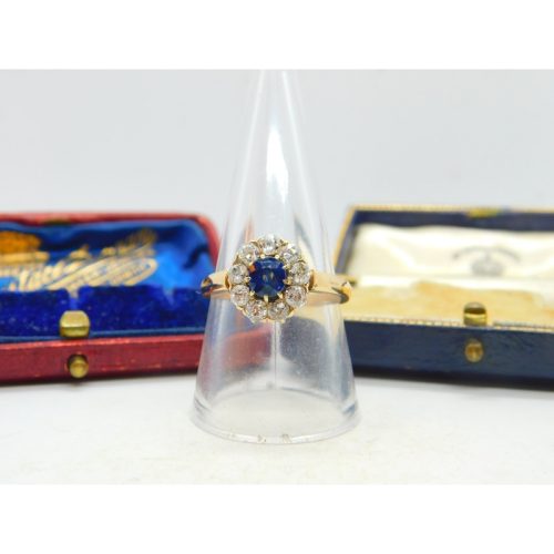 Sapphire and 2ct Diamond 14ct Yellow Gold Cluster Ring Vintage Art Deco c1920