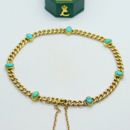 Victorian 15ct Gold & Cabochon Turquoise Set Chain Bracelet Antique c1890