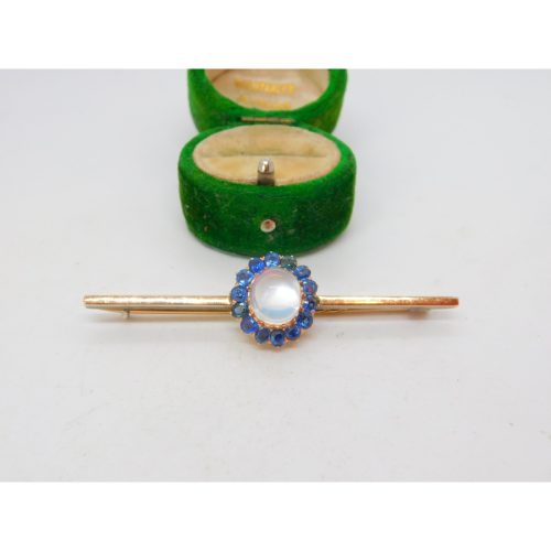 Victorian 18ct Gold, Cabochon Moonstone & Sapphire Brooch Antique c1890