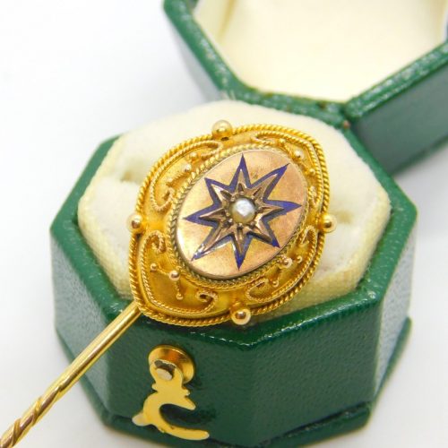 Victorian 18ct Gold, Enamel & Seed Pearl Mourning Stick Pin Antique c1880