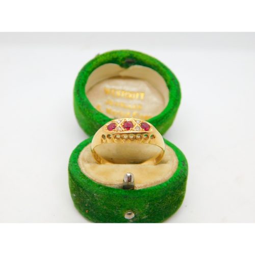Victorian 18ct Gold, Ruby & Diamond Boat Ring Antique 1893 Birmingham