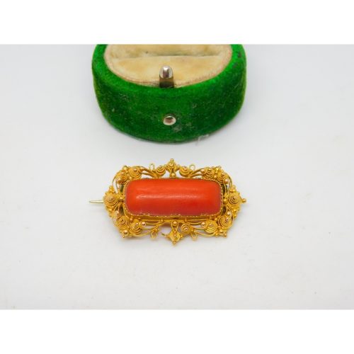 Victorian 18ct Yellow Gold & Red Coral Filigree Brooch Antique c1840