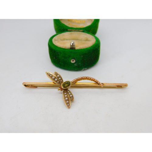 Victorian 18ct Yellow Gold, Seed Pearl & Peridot Dragonfly Brooch Antique c1890