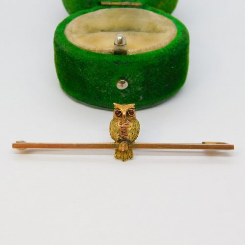 Victorian 9ct Bi-Colour Gold Perched Owl Sweetheart Brooch Antique c1890