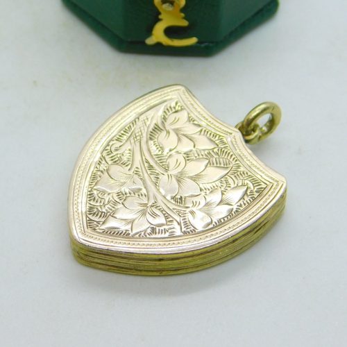 Victorian 9ct Gold Back & Front Shield Form Floral Locket Pendant Antique c1890