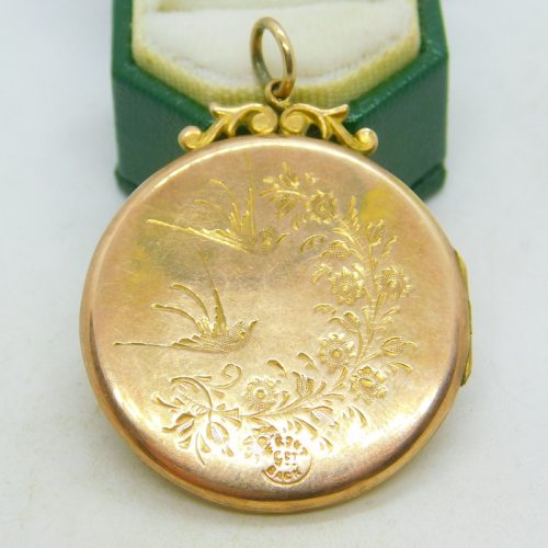 Victorian 9ct Gold Back & Front Swallow Pattern Locket Pendant Antique c1900