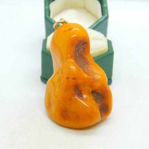 Victorian 9ct Gold & Baltic Amber Specimen Drop Pendant Antique c1890