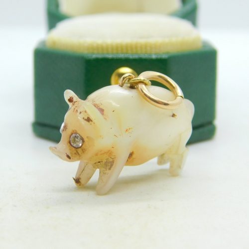 Victorian 9ct Gold, Diamond & Carved Mother of Pearl Pig Charm Antique c1880