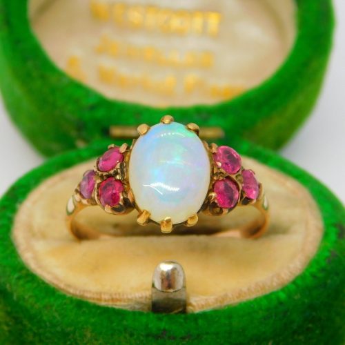 Victorian 9ct Rose Gold, White Opal & Ruby Set Dress Ring Antique c1900