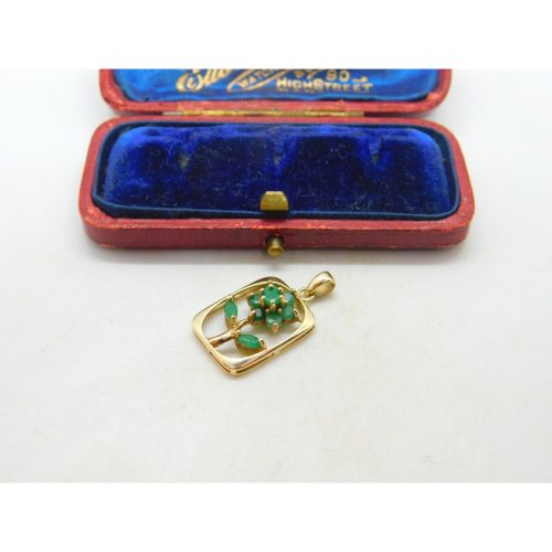 10ct Yellow Gold & Natural Emerald Flower Drop Pendant Vintage c1980