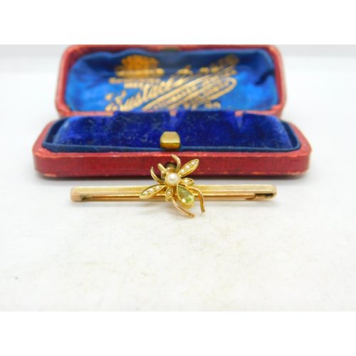 15ct Gold, Peridot & Pearl Suffragette Insect Brooch Antique c1910 Edwardian