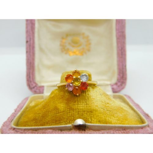 18ct Yellow Gold & Coloured Sapphire Floral Cluster Ring Vintage c1970