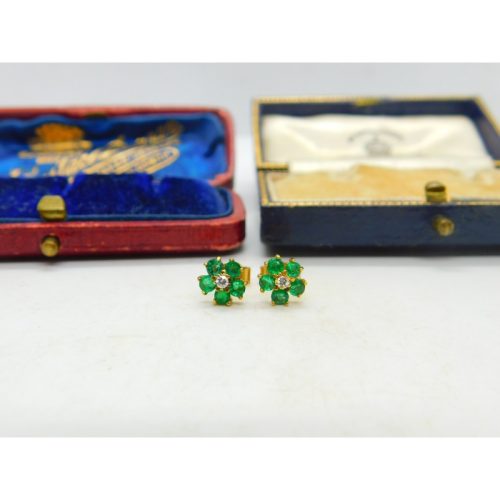 18ct Yellow Gold, Emerald & Diamond Floral Cluster Stud Earrings Vintage London