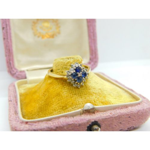 18ct Yellow Gold, Sapphire & Diamond Floral Cluster Ring Vintage 1987 Birmingham