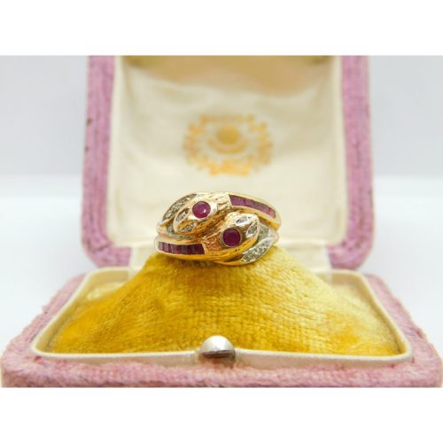 9ct Gold Baguette Ruby & Diamond Twisted Snake Serpant Ring Vintage c1980