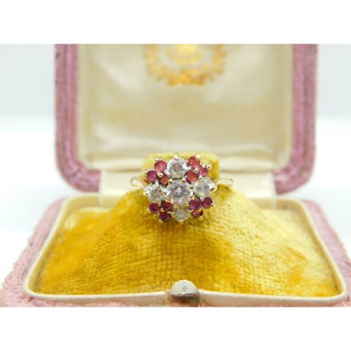 9ct Gold, Ruby & Diamond Paste Floral Cluster Ring Vintage 1987 London