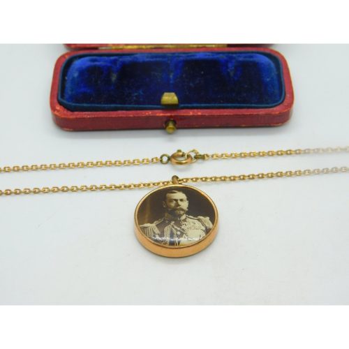 9ct Rose Gold King George V & Queen Mary Pendant On Rolled Gold Chain c1911