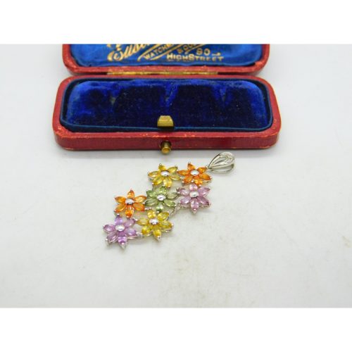 9ct White Gold & Multi-Coloured Sapphire Large Floral Pendant Vintage c1990
