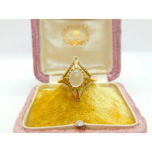 9ct Yellow Gold & Cabochon Moonstone Modernist Dress Ring Vintage 1992 London