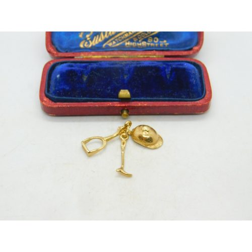 9ct Yellow Gold Crop, Stirrup, Hat Riding Equestrian Charm Vintage c1970