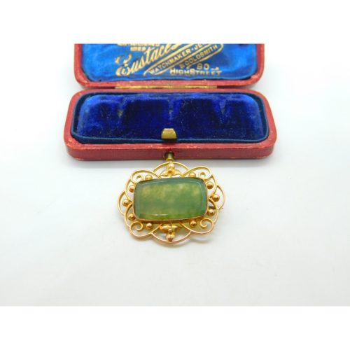 9ct Yellow Gold & Moss Agate Set Art Nouveau Brooch Antique c1900 Victorian