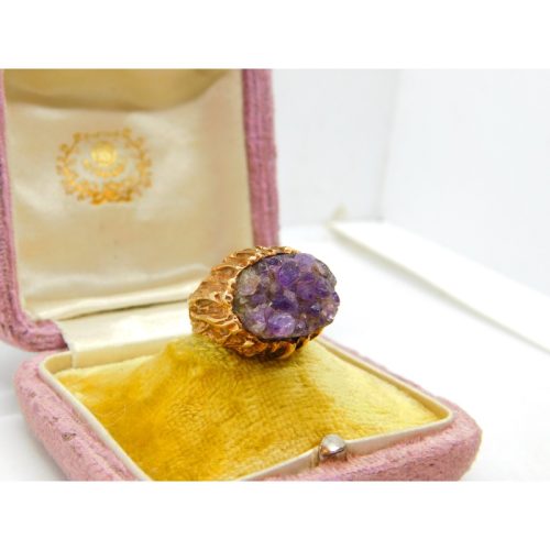 9ct Yellow Gold & Natural Amethyst Geode Set Statement Ring Vintage c1970 London