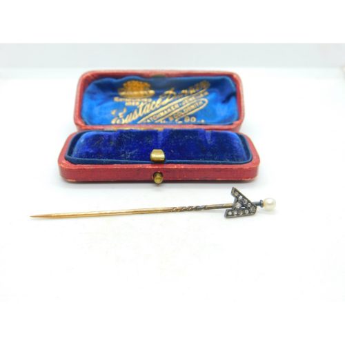 9ct Yellow Gold, Pearl & Diamond Set ‘A’ Initial Stick Pin Antique c1900