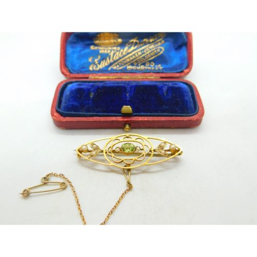 9ct Yellow Gold, Peridot & Seed Pearl Sweetheart Brooch Antique c1910 Edwardian