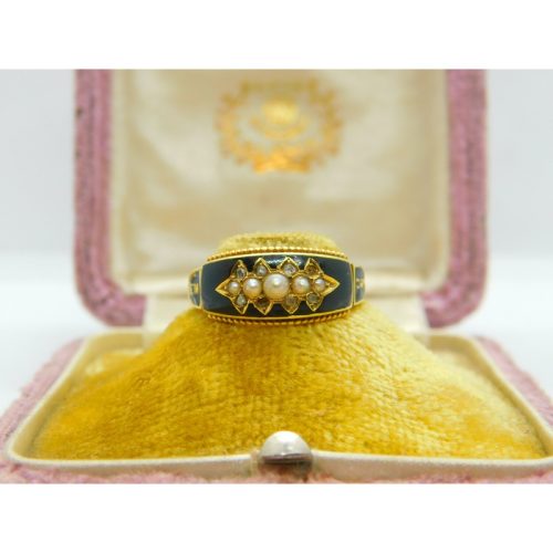 Edwardian 15ct Gold, Black Enamel, Seed Pearl & Diamond ‘Memory’ Mourning Ring 1906 Chester