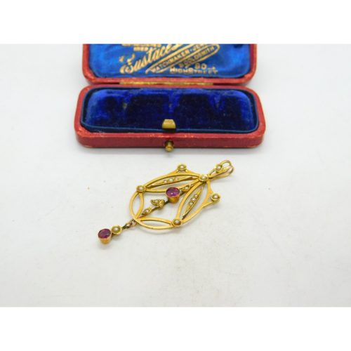 Edwardian 9ct Gold, Garnet & Seed Pearl Lavalier Drop Pendant Antique c1910