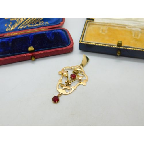 Edwardian 9ct Gold Garnet Set Floral Lavalier Form Drop Pendant Antique c1910