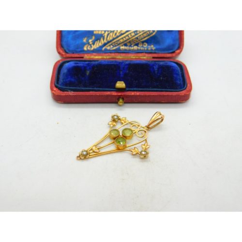 Edwardian 9ct Gold, Peridot & Seed Pearl Lavalier Pendant Antique c1910