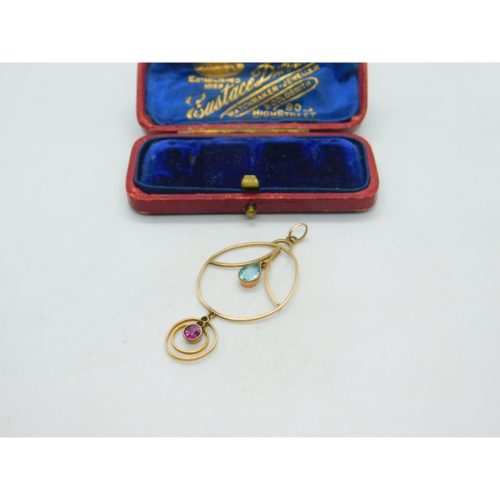 Edwardian 9ct Gold, Topaz & Tourmaline Lavalier Drop Pendant Antique c1910