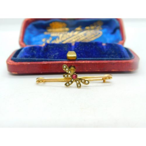 Edwardian 9ct Yellow Gold, Seed Pearl & Garnet Dragonfly Brooch Antique c1910
